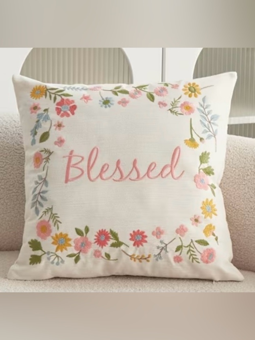 New 18” Floral "Blessed" Embroidered Throw Pillow in Cream with Pastel Flowers
